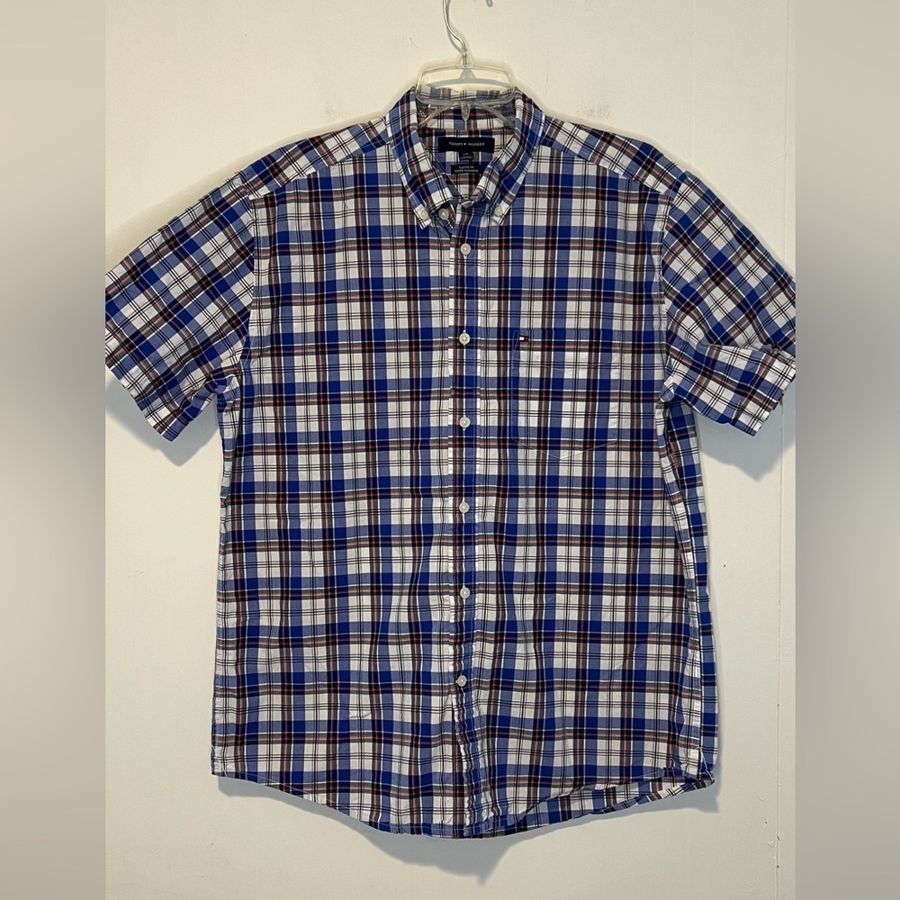 Tommy Hilfiger Men's Blue Plaid Shirt Short Sleeve Classic Fit Button Up K